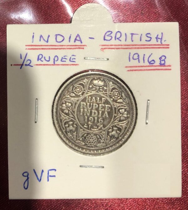 1916b King George V British India 1/2 Half Rupee Good/Very Fine (gVF) condition Antique Silver Coin